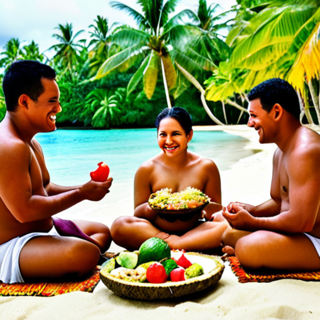 **A vibrant Tongan feast, featuring 'ota 'ika' served in a coconut shell, surrounded by tropical fruits and vegetables. People are seated on woven mats, dressed in traditional Tongan attire, smiling and enjoying the meal. The scene is set outdoors with palm trees and a turquoise ocean in the background.**
