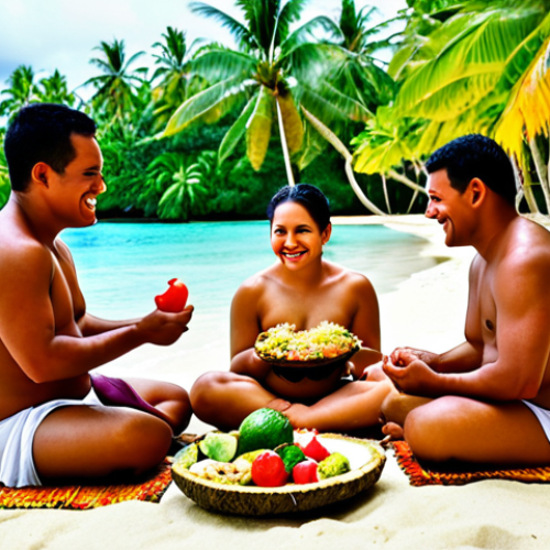 **A vibrant Tongan feast, featuring 'ota 'ika' served in a coconut shell, surrounded by tropical fruits and vegetables. People are seated on woven mats, dressed in traditional Tongan attire, smiling and enjoying the meal. The scene is set outdoors with palm trees and a turquoise ocean in the background.**