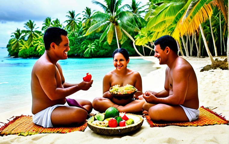 **A vibrant Tongan feast, featuring 'ota 'ika' served in a coconut shell, surrounded by tropical fruits and vegetables. People are seated on woven mats, dressed in traditional Tongan attire, smiling and enjoying the meal. The scene is set outdoors with palm trees and a turquoise ocean in the background.**