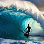 **Tongan surfer riding a powerful wave over a coral reef in Nuku'alofa. Focus on the spray of the water and the vibrant colors of the reef below. Dramatic lighting.**