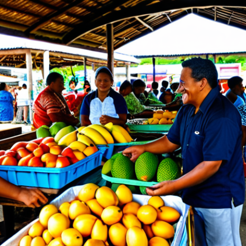 A vibrant and bustling outdoor market scene in Tonga, showcasing diverse local Tongan adults interacting amidst colorful stalls. Fresh tropical fruits like ripe mangoes, papayas, and breadfruit are piled high on wooden tables, alongside glistening fresh seafood on ice. Vendors, fully clothed in modest, comfortable, and culturally appropriate attire, are smiling and engaging with customers. The atmosphere is lively and warm, filled with natural light. The background shows more market activity and a glimpse of traditional Tongan architecture. safe for work, appropriate content, fully clothed, professional photography, perfect anatomy, correct proportions, natural pose, well-formed hands, proper finger count, natural body proportions, family-friendly, high quality, realistic.