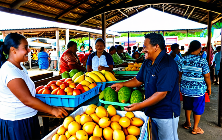 A vibrant and bustling outdoor market scene in Tonga, showcasing diverse local Tongan adults interacting amidst colorful stalls. Fresh tropical fruits like ripe mangoes, papayas, and breadfruit are piled high on wooden tables, alongside glistening fresh seafood on ice. Vendors, fully clothed in modest, comfortable, and culturally appropriate attire, are smiling and engaging with customers. The atmosphere is lively and warm, filled with natural light. The background shows more market activity and a glimpse of traditional Tongan architecture. safe for work, appropriate content, fully clothed, professional photography, perfect anatomy, correct proportions, natural pose, well-formed hands, proper finger count, natural body proportions, family-friendly, high quality, realistic.