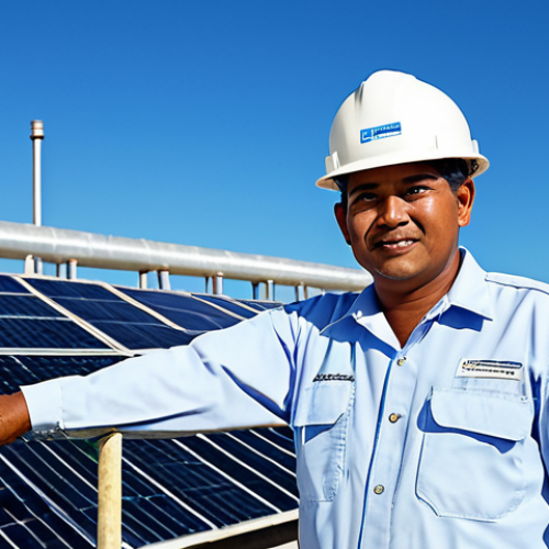 A professional water engineer, fully clothed in a modest, light-colored work uniform, stands confidently overseeing a modern desalination plant on a sunny Tongan island. In the background, large solar panels glint under a clear blue sky, powering advanced reverse osmosis machinery. The scene emphasizes cutting-edge technology and sustainable infrastructure for clean water. The engineer has perfect anatomy, correct proportions, and well-formed hands, maintaining a natural pose. The overall image quality is professional, safe for work, appropriate content, fully clothed, and family-friendly, highlighting progress in water management.