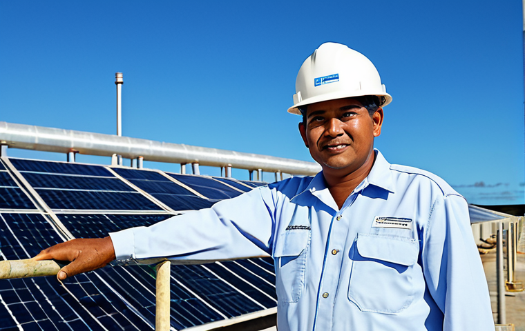 A professional water engineer, fully clothed in a modest, light-colored work uniform, stands confidently overseeing a modern desalination plant on a sunny Tongan island. In the background, large solar panels glint under a clear blue sky, powering advanced reverse osmosis machinery. The scene emphasizes cutting-edge technology and sustainable infrastructure for clean water. The engineer has perfect anatomy, correct proportions, and well-formed hands, maintaining a natural pose. The overall image quality is professional, safe for work, appropriate content, fully clothed, and family-friendly, highlighting progress in water management.
