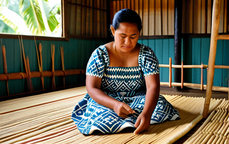 Tongan Craftswoman**

"A professional Tongan craftswoman, fully clothed in a modest, patterned dress typical of Tonga, sits weaving a traditional mat in a bright, airy workshop filled with natural light. Various woven goods surround her. Focus on her hands and the intricate details of the weaving. Safe for work, appropriate content, professional, family-friendly, perfect anatomy, correct proportions, natural pose, well-formed hands, proper finger count, natural body proportions."

**