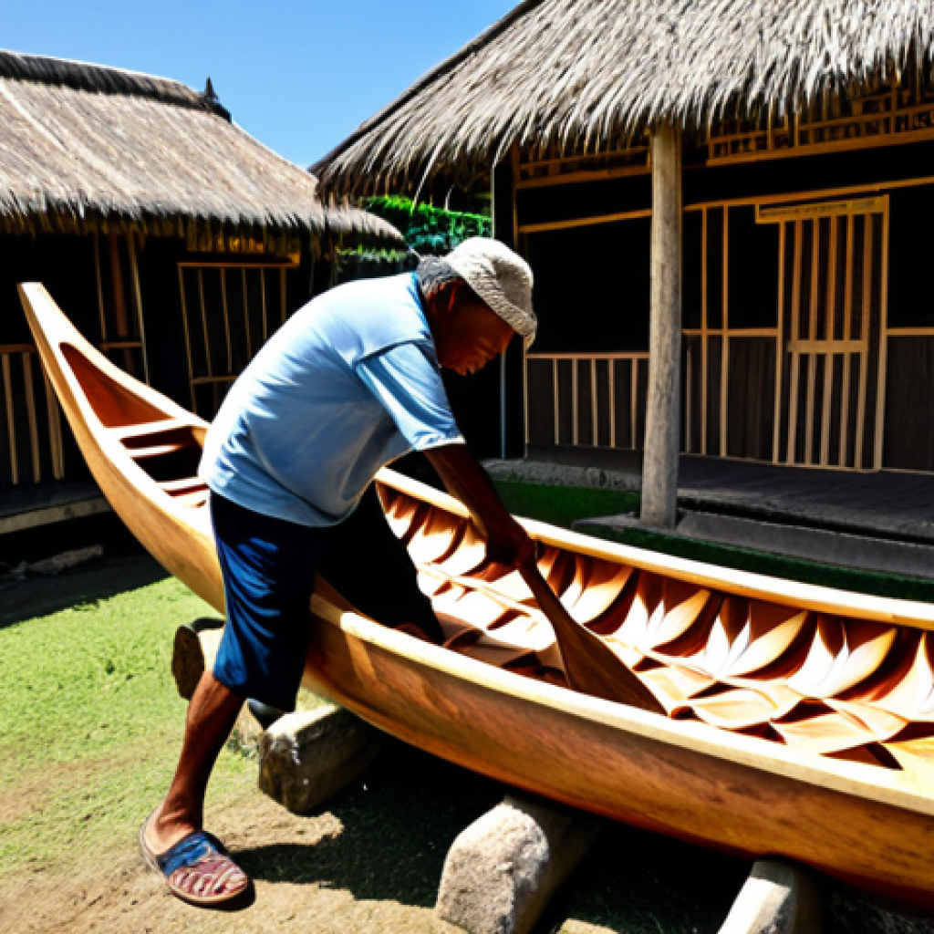 "A traditional Tongan canoe (va'a) being carved by a skilled craftsman in a village setting, fully clothed, appropriate attire, safe for work, perfect anatomy, natural proportions, cultural heritage, sunlight, high quality."