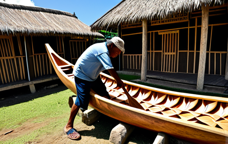 "A traditional Tongan canoe (va'a) being carved by a skilled craftsman in a village setting, fully clothed, appropriate attire, safe for work, perfect anatomy, natural proportions, cultural heritage, sunlight, high quality."