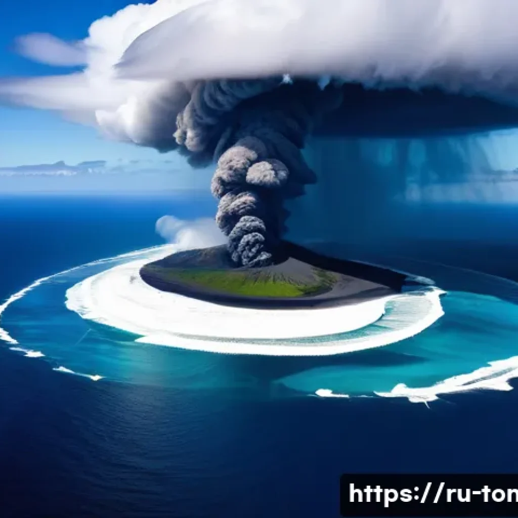 통가 쓰나미 피해 사례 - **Prompt:** A dramatic aerial view capturing the immediate aftermath of the Hunga Tonga-Hunga Ha'apa...