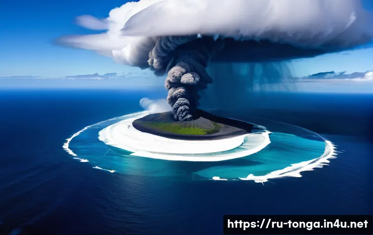 통가 쓰나미 피해 사례 - **Prompt:** A dramatic aerial view capturing the immediate aftermath of the Hunga Tonga-Hunga Ha'apa...