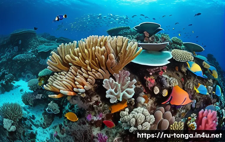 통가에서 배우는 수중 생태계 - A vibrant underwater scene of Tonga’s coral reefs featuring a diverse array of hard and soft corals ...