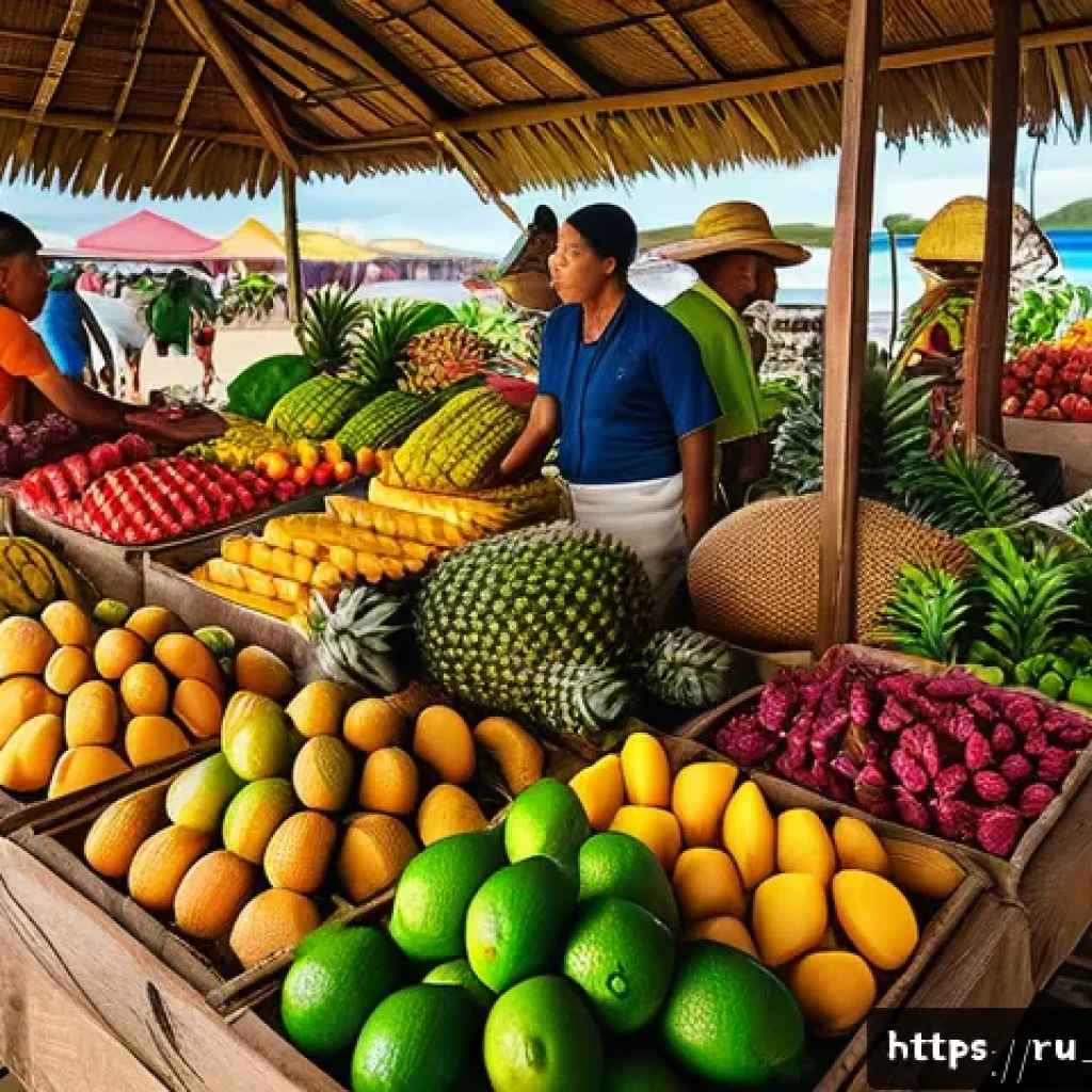 통가에서 맛볼 수 있는 열대 과일 - A vibrant tropical market scene in Tonga featuring a colorful array of exotic fruits displayed on wo...