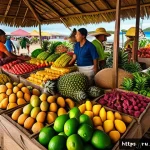 Home 19 통가에서 맛볼 수 있는 열대 과일 - A vibrant tropical market scene in Tonga featuring a colorful array of exotic fruits displayed on wo...
