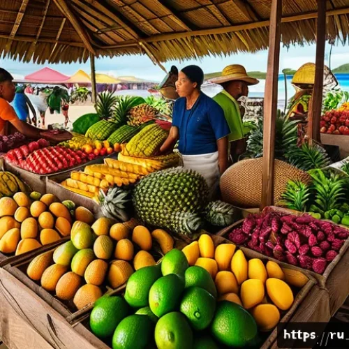 Home 31 통가에서 맛볼 수 있는 열대 과일 - A vibrant tropical market scene in Tonga featuring a colorful array of exotic fruits displayed on wo...