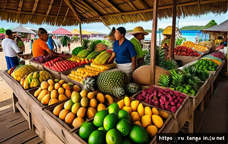 통가에서 맛볼 수 있는 열대 과일 - A vibrant tropical market scene in Tonga featuring a colorful array of exotic fruits displayed on wo...