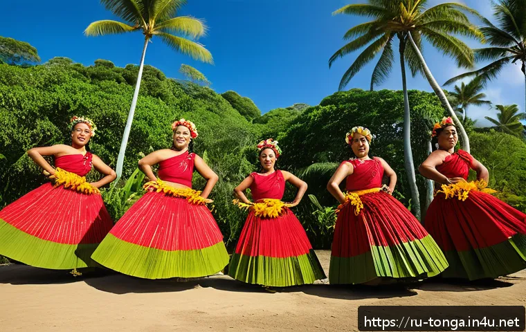 통가 주요 공휴일 및 축제 - A vibrant ceremonial dance scene from Tonga featuring a group of male and female performers wearing ...