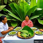 Home 23 통가 전통 음식 루 시푸 - A traditional Tongan feast scene set outdoors on a sunny tropical island, featuring a large wooden t...