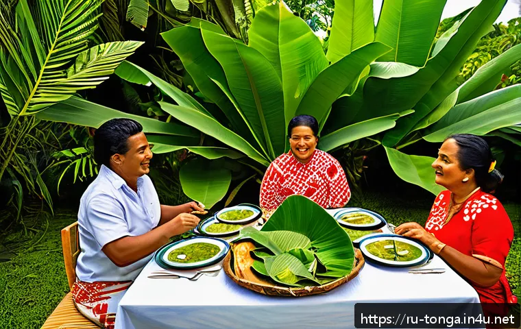 통가 전통 음식 루 시푸 - A traditional Tongan feast scene set outdoors on a sunny tropical island, featuring a large wooden t...