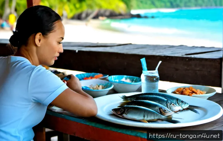 Home 17 통가에서 먹으면 안 되는 음식 - Photorealistic travel food-safety scene in Tonga, close-up of a tropical beachside market table with...