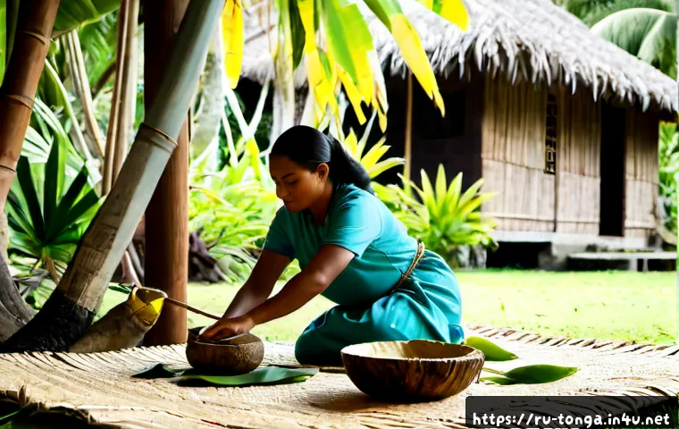 Home 17 통가의 전통적인 치유법 - Photorealistic traditional Tongan healing scene in a peaceful tropical village, a respected Polynesi...