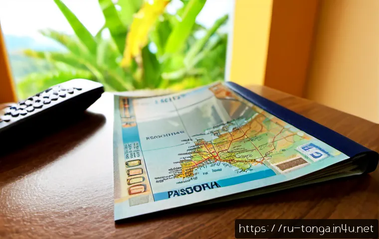 Home 17 통가 비자 발급 절차 - Photorealistic travel visa application scene for a Russian traveler planning a trip to Tonga, neatly...