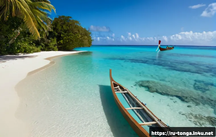 Home 17 통가 해변 여행지 - Photorealistic tropical beach in Vavaʻu, Tonga, wide view of turquoise lagoon and soft white coral s...